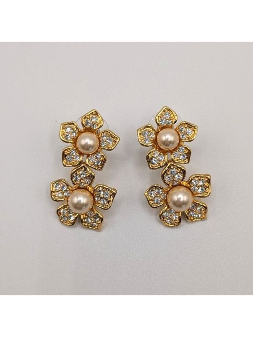 Vintage Nolan Miller Gold Tone Floral Pearl and Rhinestone Earrings